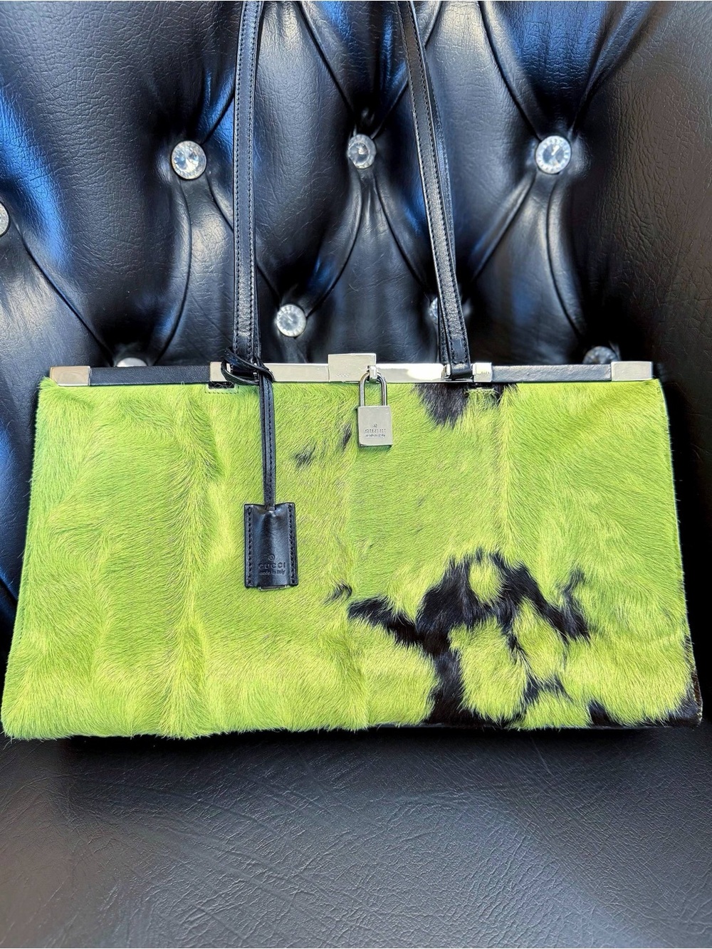 Vintage Gucci by Tom Ford F/W 1999 Green & black pony hair shoulder bag EXTREMEL - Picture 6 of 15